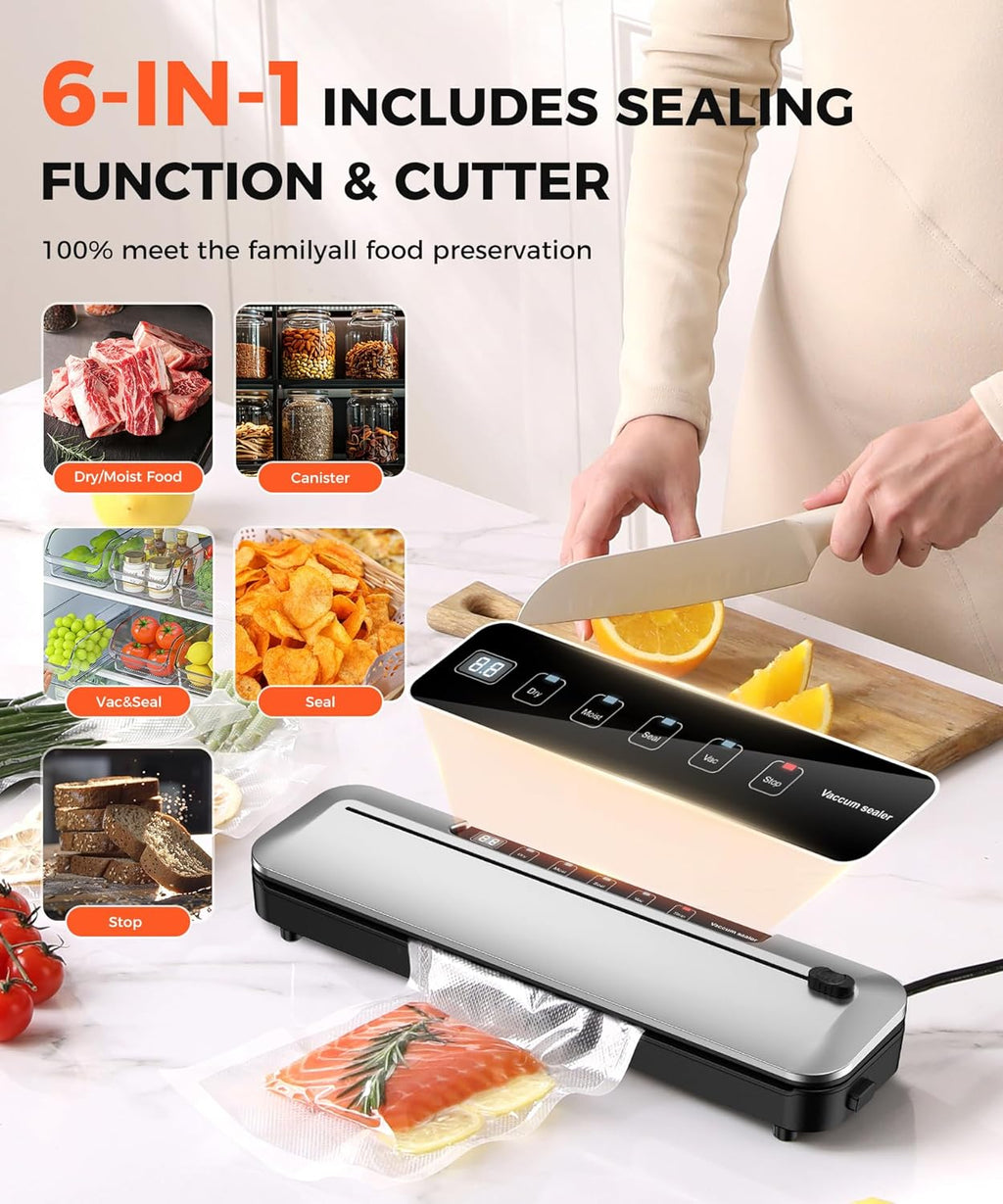 Vacuum Sealer Machine - 75KPa Food Preservation with 6-in-1 Modes & Digital Timer | Compact Design + 10 Bags (Black Silver)
