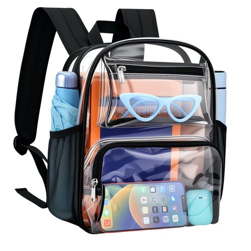 Clear Bag for Stadium Events, 12x6x12 Clear Backpack with Reinforced Strap, Stadium bag for Sports Concerts Work Travel, Black