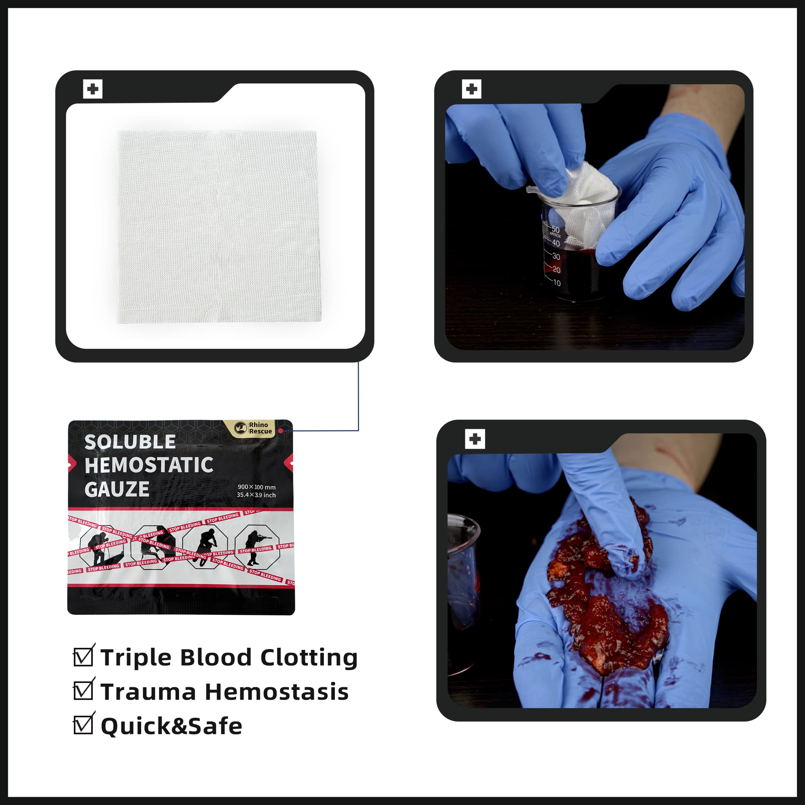 RHINO RESCUE Soluble Hemostatic Gauze Dressing 4"*35"(3ft) for Quick Clotting, Stop Bleeding Gauze for Combat, Trauma, IFAK Refill, Wound Kit, 1 Count