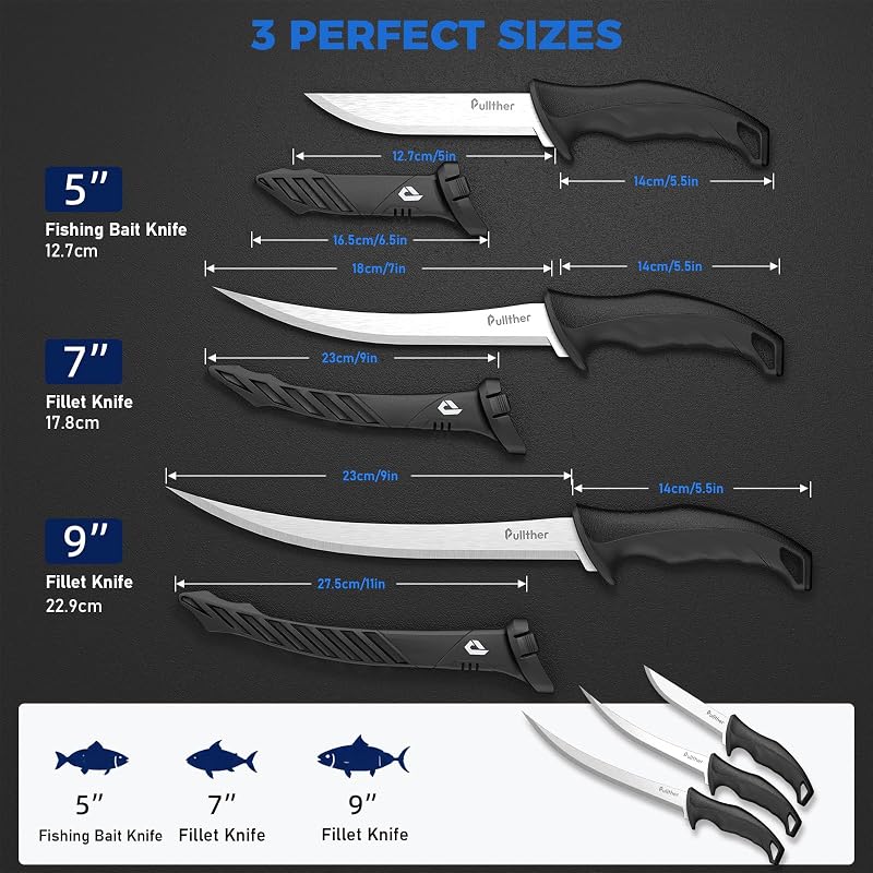 3pc Fillet Knife Set for Fish – 5" Bait Knife, 7" & 9" Fillet Knives with Sheaths - Variation of THIS listing