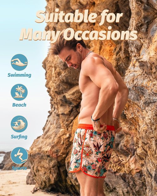 maamgic Mens Short 80s 90s Vintage 5.5" Swim Trunks Swimsuits Board Shorts Compression Liner Quick Dry 2 in 1 Beach Swimwear