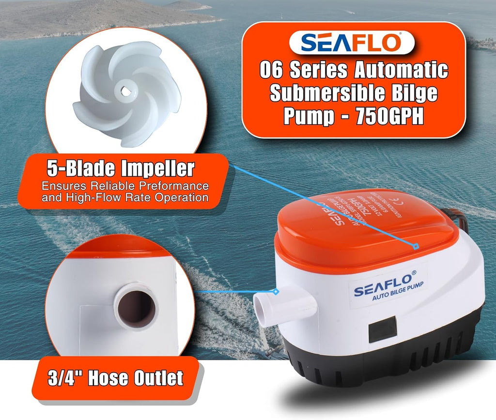 SEAFLO 06 Series Automatic Submersible Bilge Pump - 750GPH, 12V with Float Switch & Strainer | Compact Marine Solution