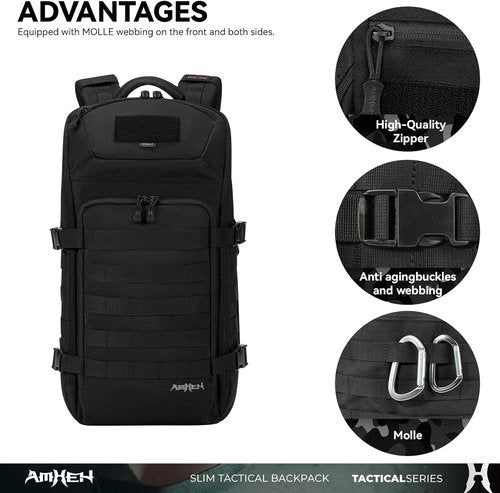 AMHEH 20L Slim Tactical Backpack - Rugged MOLLE Daypack with Suspended 13" Laptop Compartment | Black