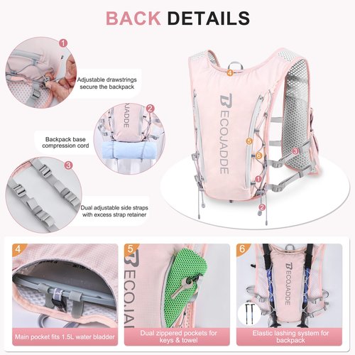 BECOJADDE Running Vest Hydration Backpack with One 1.5L Water Bag for Men Women, 5L Lightweight Running Backpack Hydration for Marathon, Trail, Cycling, Hiking, Jogging Pink