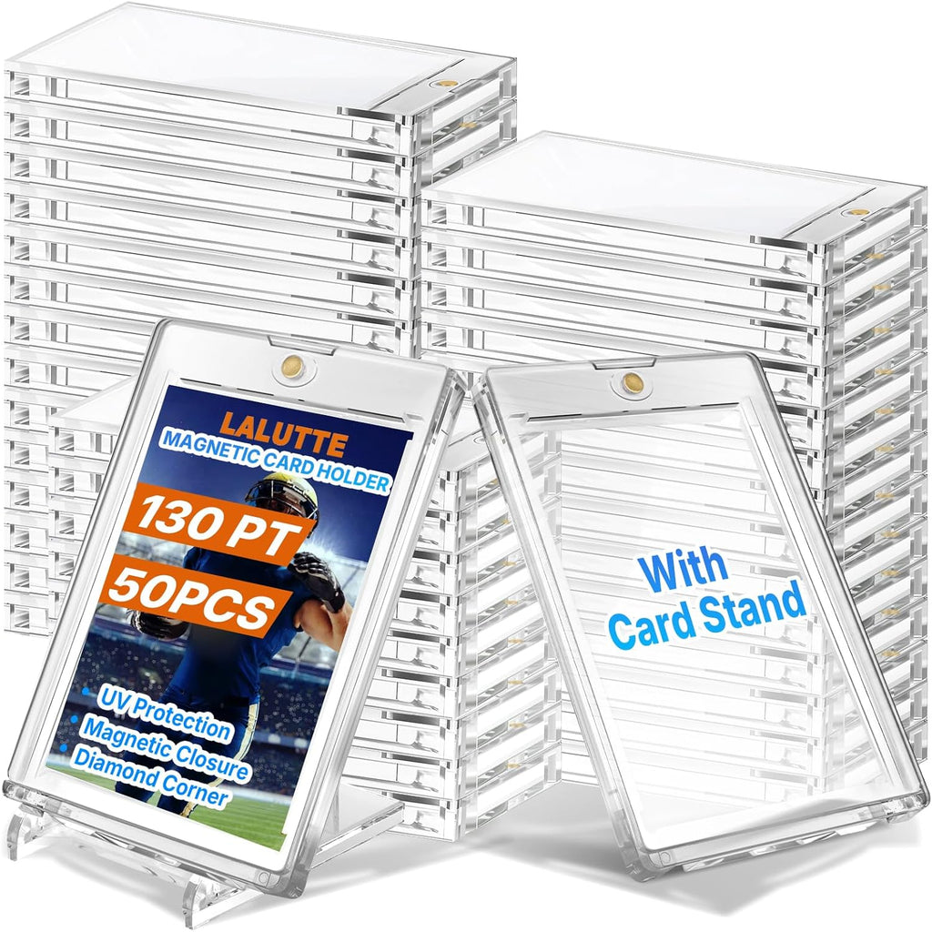 Skiennix Magnetic Card Holder - 50 Pcs 130PT Hard Protectors with 10 Stands | UV Protected Clear Display for Trading Cards
