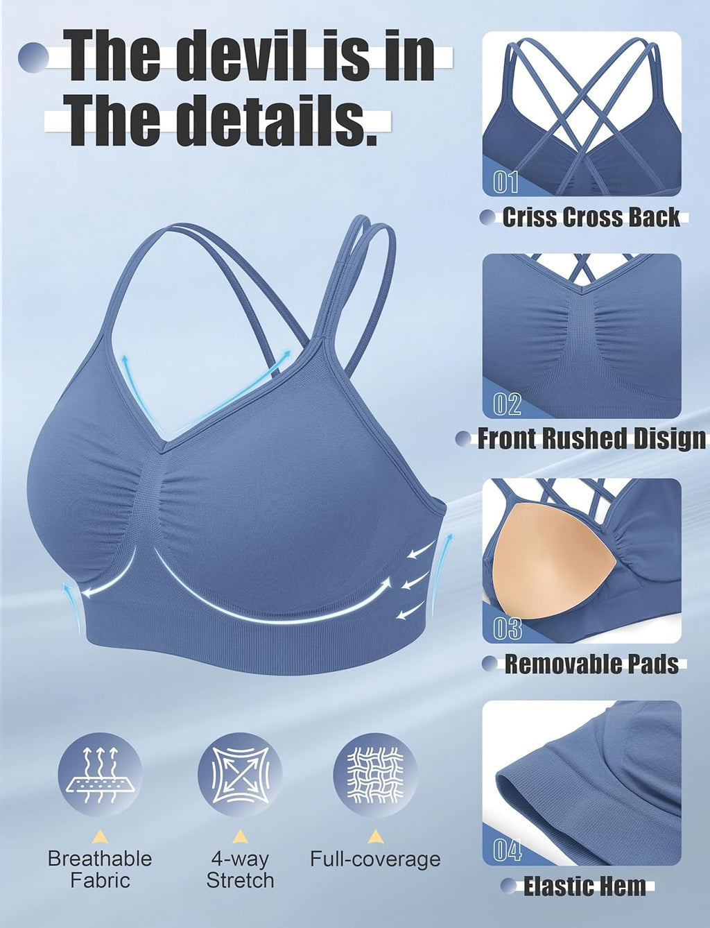 WANAYOU Sports Bras for Women - Padded Medium Support Strappy Cross Back Workout Bra | 3 Pack