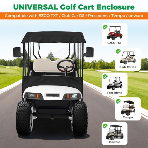 10L0L Universal Golf Cart Enclosure Compatible with EZGO TXT and Club Car Tempo/Onward/DS/Precedent Models, 2-Passenger Golf Cart Waterproof 420D Material Windproof Transparent on 2 Sides (Black)