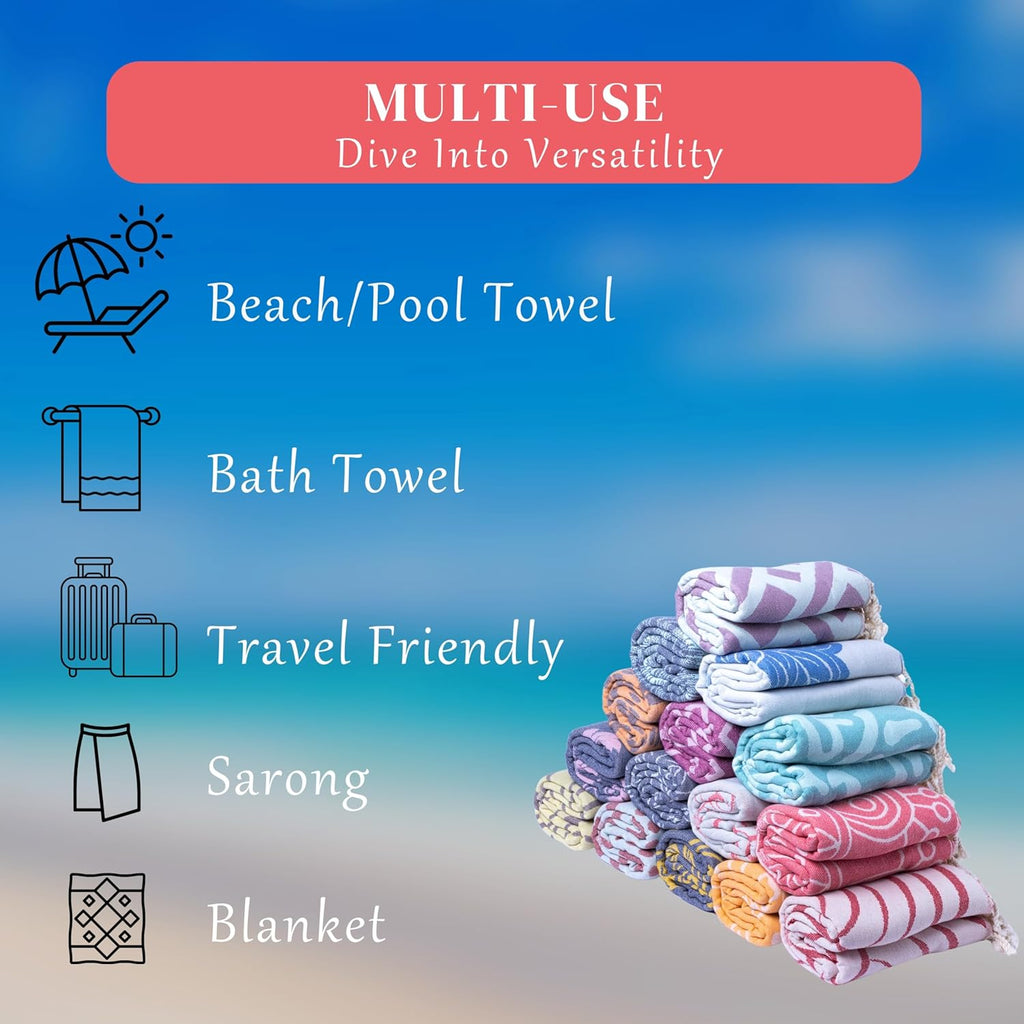 Turkish Towel Co. 100% Cotton Quick Dry Beach Towel - Oversized Sandproof Travel Towel (69 x 37 in) | Fast Drying, Packable, Cloud Design