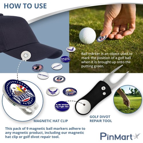PinMart’s Officially Licensed United States Veteran Navy Bundle Pack of 9 Golf Ball Markers - Golf Accessories for Men and Women – Magnetic Veteran Ball Markers Set of 9