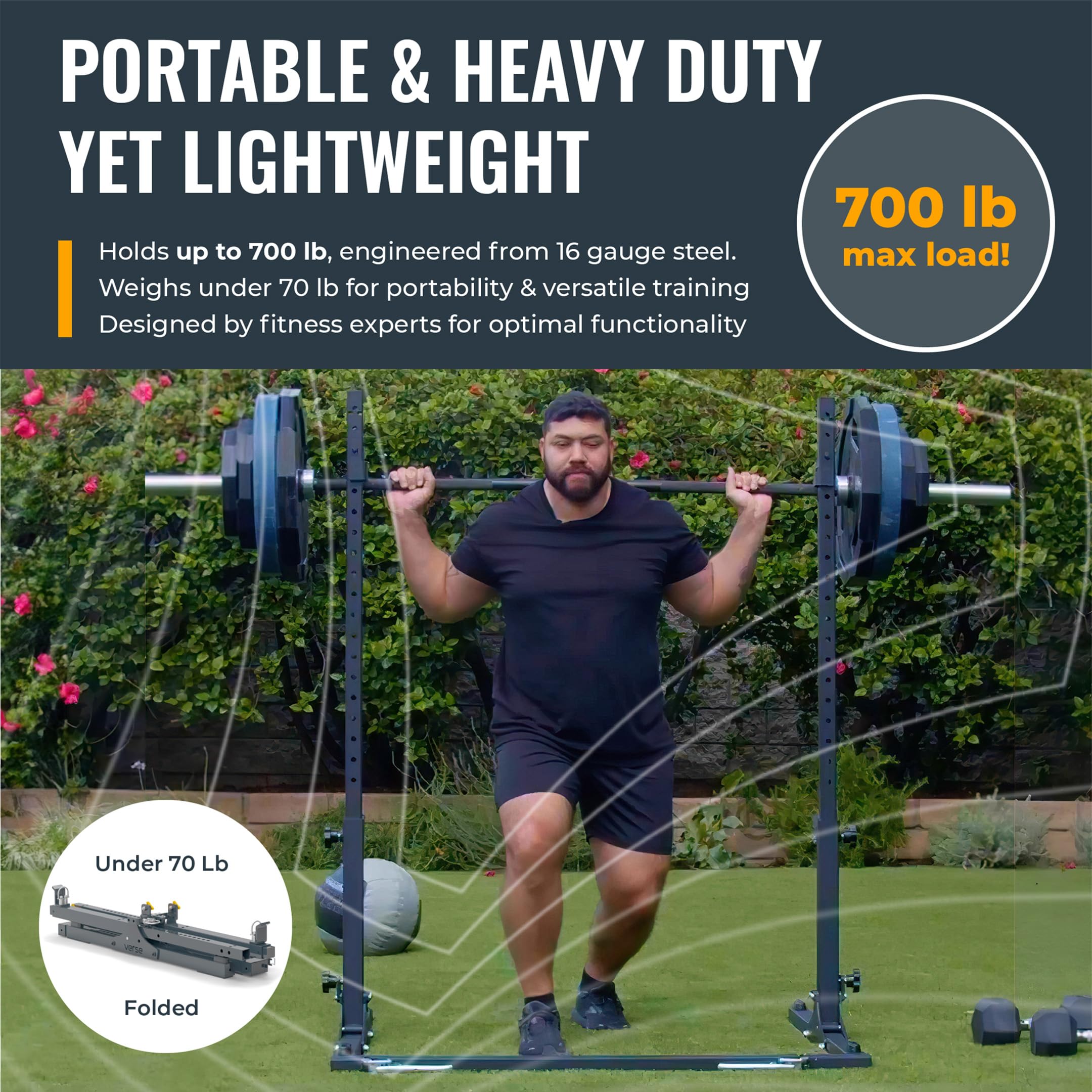 Verse Agile Rack - Portable Multipurpose Squat Rack Bench Press Barbell Rack - Heavy Duty Holds Up To 700lbs - 2 Min Set Up - Folds for Easy Storage - Perfect for Home Gyms & Training Studios