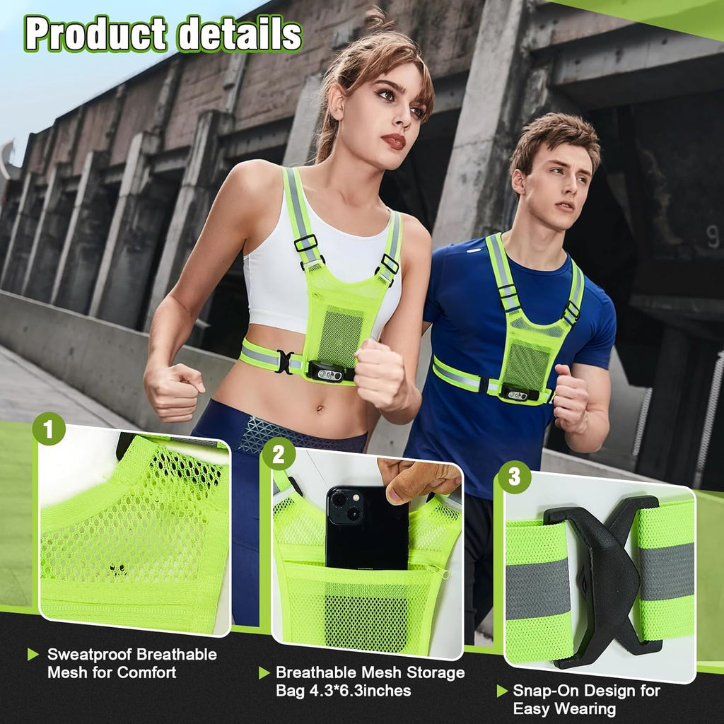 Skiennix Reflective Running Vest - 3-Mode Motion Sensor Lights & Adjustable Tilt | 360° Visibility, Green