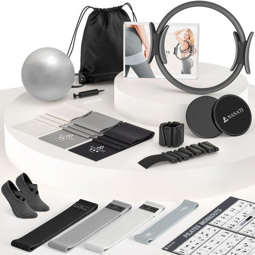 NANATI Pilates Kit 18PCS, Pilates Essentials Kit for Women Home Workouts, Pilates Equipment with 14.5" Pilates Ring and Ball,7 Resistance Bands,Ankle Weights,Sliders & Grip Socks for Beginners