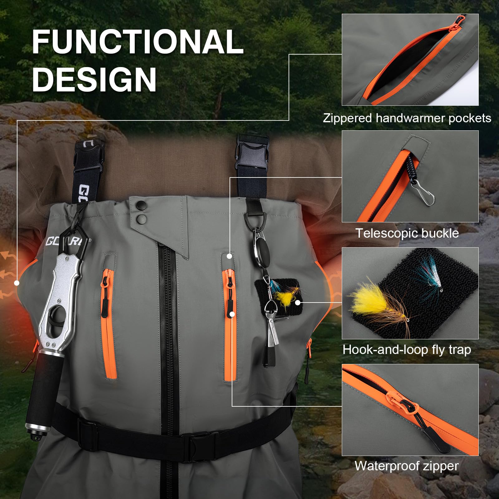 Goture 5-Layer Waterproof Zip Front Stocking Foot Waders, Breathable Fly Fishing Waders for Men Women with Handwarmer, Multiple Storage Pockets, Waist Belt, Fishing Chest Wader for Fishing XXL