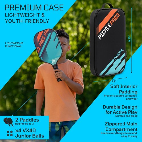 PicklePro Junior – Pickleball Paddles Set for Youth & Families with 2 Junior Paddles, 4 Pickleballs & Paddle Bag – USAP Approved Fiberglass Face, Cushioned Grip – Complete Beginner Pickleball Kit