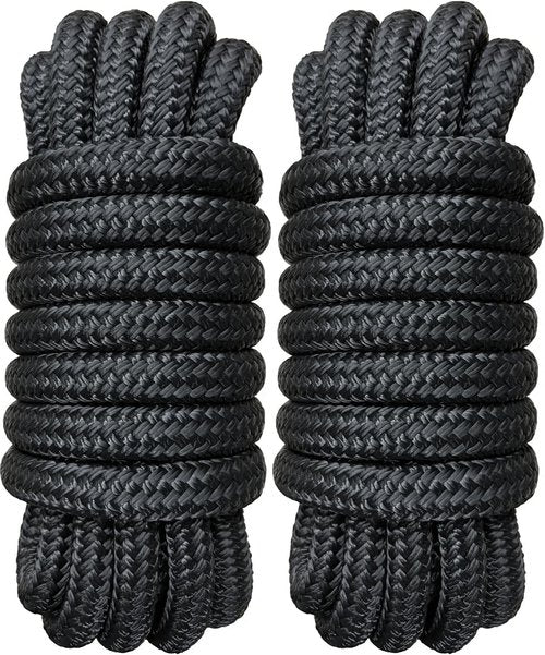 Boat Dock Lines - 3/4" x 20' Double Braided Nylon Ropes | Marine-Grade High Strength, Easy Handling - 2 Pack, Black