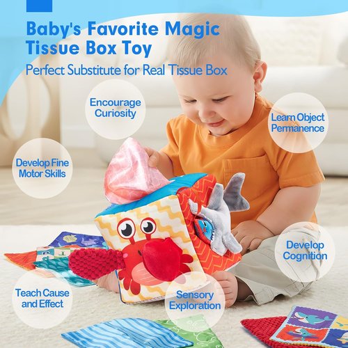 Hahaland Baby Tissue Box Toy - Montessori Sensory Toy for 6-12 Months with Textured Tails & Crinkle Tissues