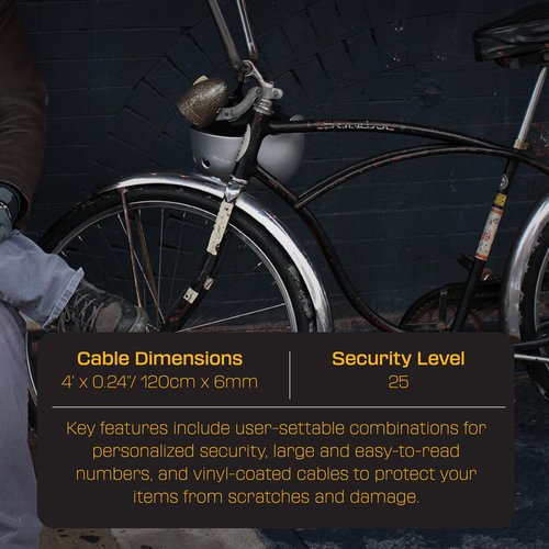 OnGuard Terrier Combo 4' Cable Lock – 120 cm × 6 mm Twisted Steel Cable, 4-Digit Resettable Combination, Vinyl-Coated Security Cable
