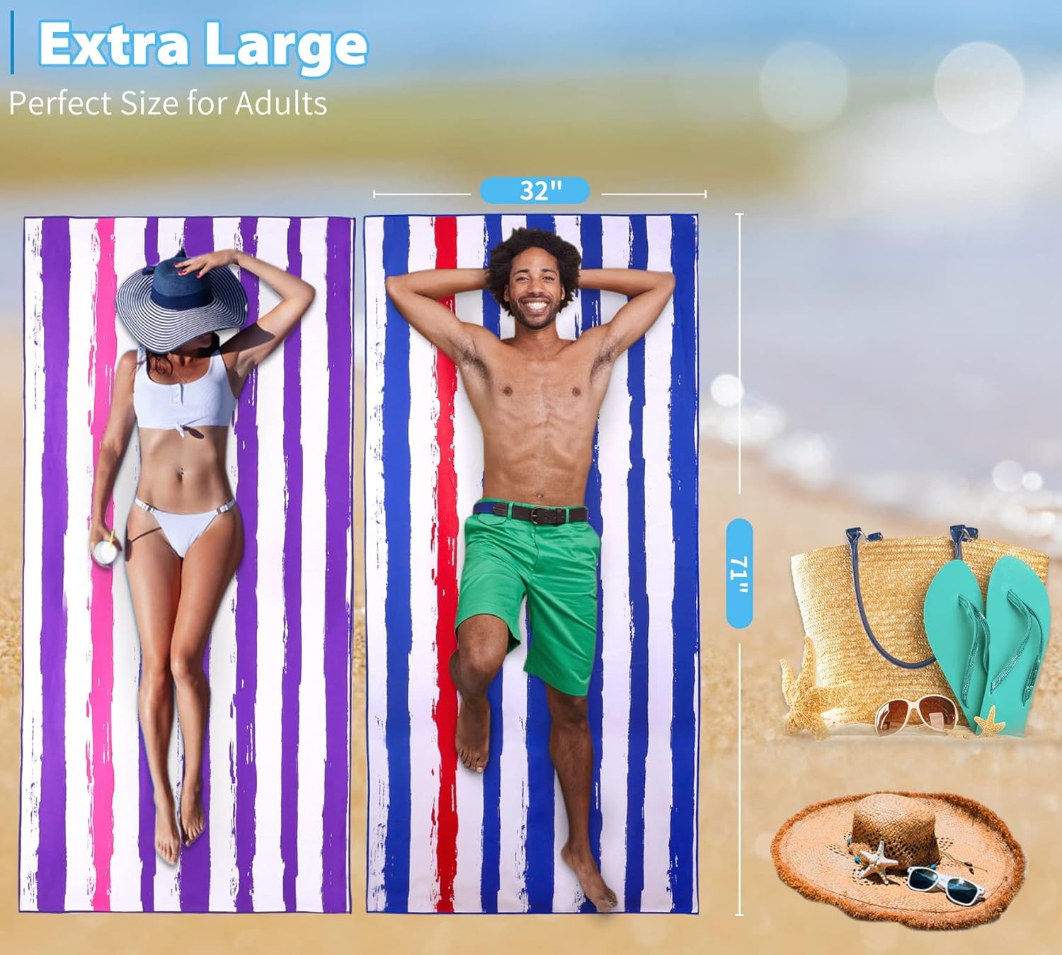 Skiennix Microfiber Beach Towel - Oversized, Lightweight & Sand-Free | 71"x32" XL for Travel, Yoga & Camping