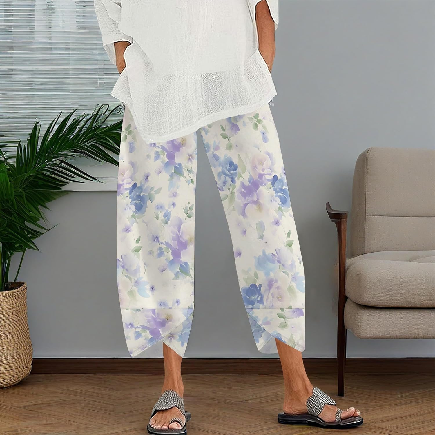 Skiennix Women's Cropped Pants - Lightweight Wide Leg Trousers with Elastic Waist & Pockets