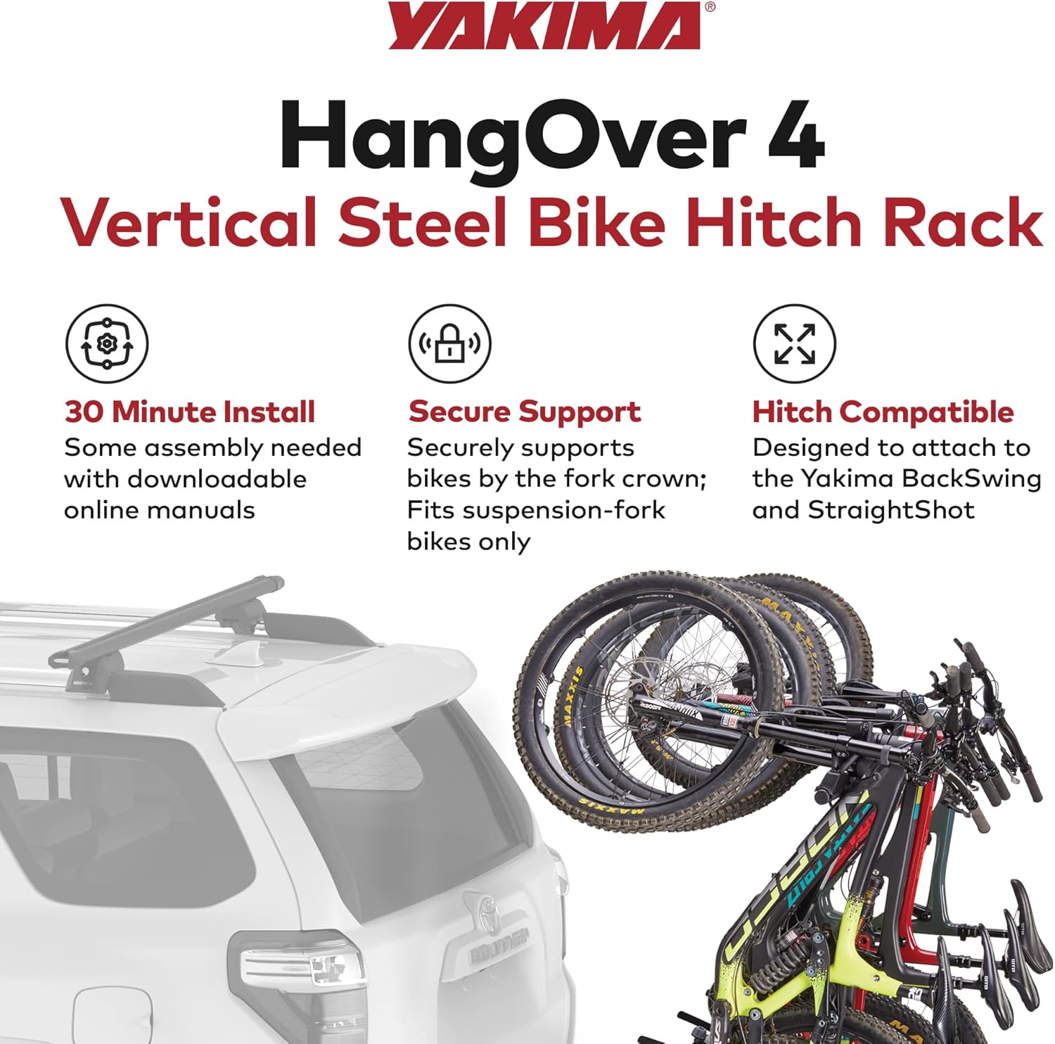 Yakima 4-Bike Vertical Hanging Hitch Mount Carrier - Durable Tilt-Away Steel Bike Rack | Hangover 4