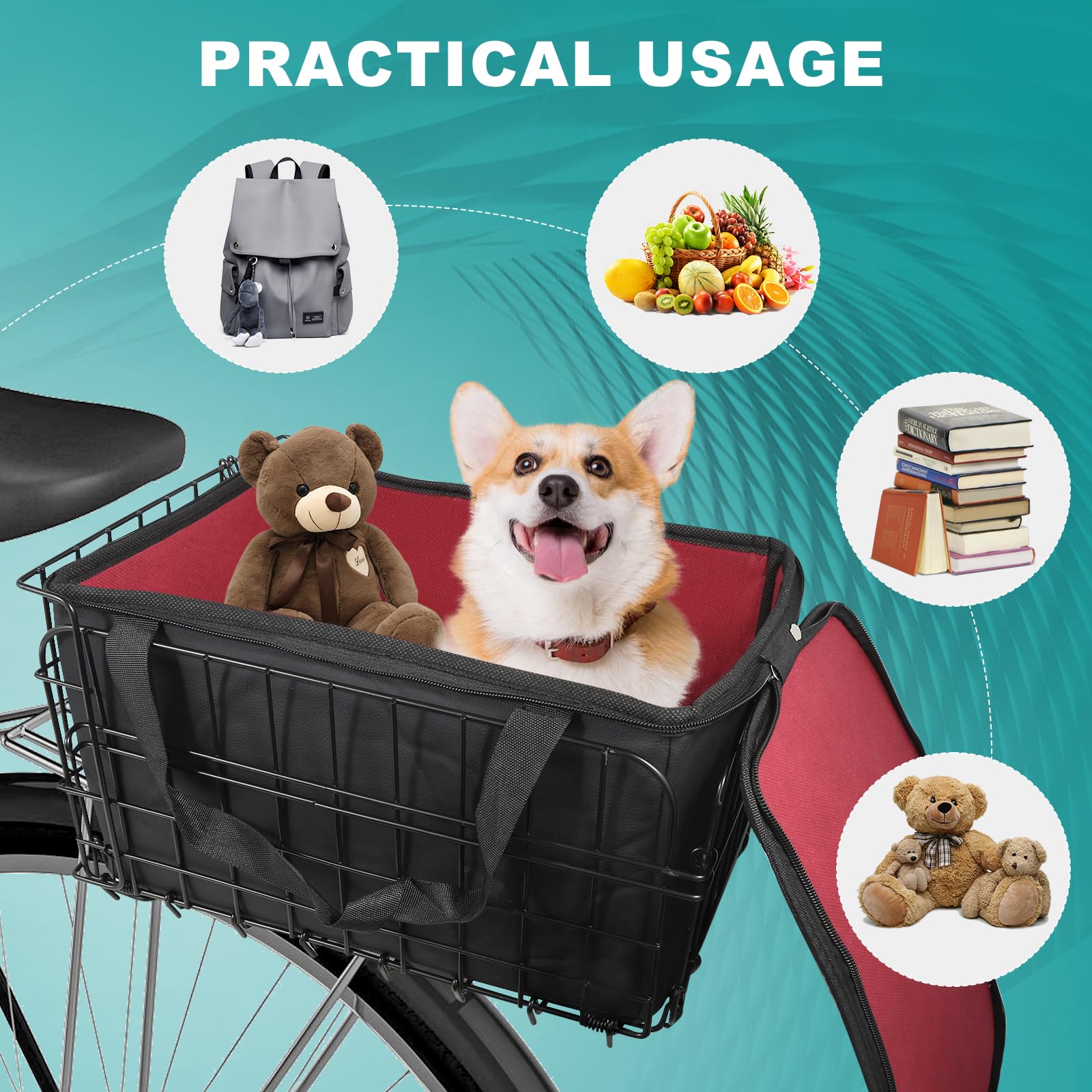 Riian Bike Basket Front/Rear, Thickened Shockproof Foldable Bicycle Basket with Waterproof Bag, Quick Release Design, Metal Bicycle Frame Basket for Adult Women Men