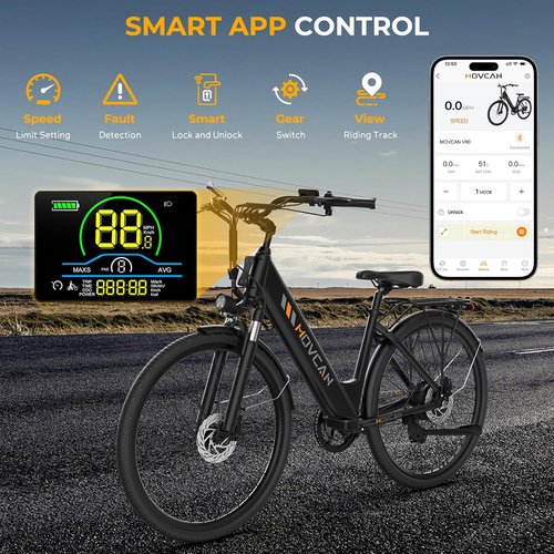 Movcan V80 Electric Bike - 1000W Motor, 28MPH Speed, 26'' City Cruiser | 48V 13Ah Battery, 70 Miles Range