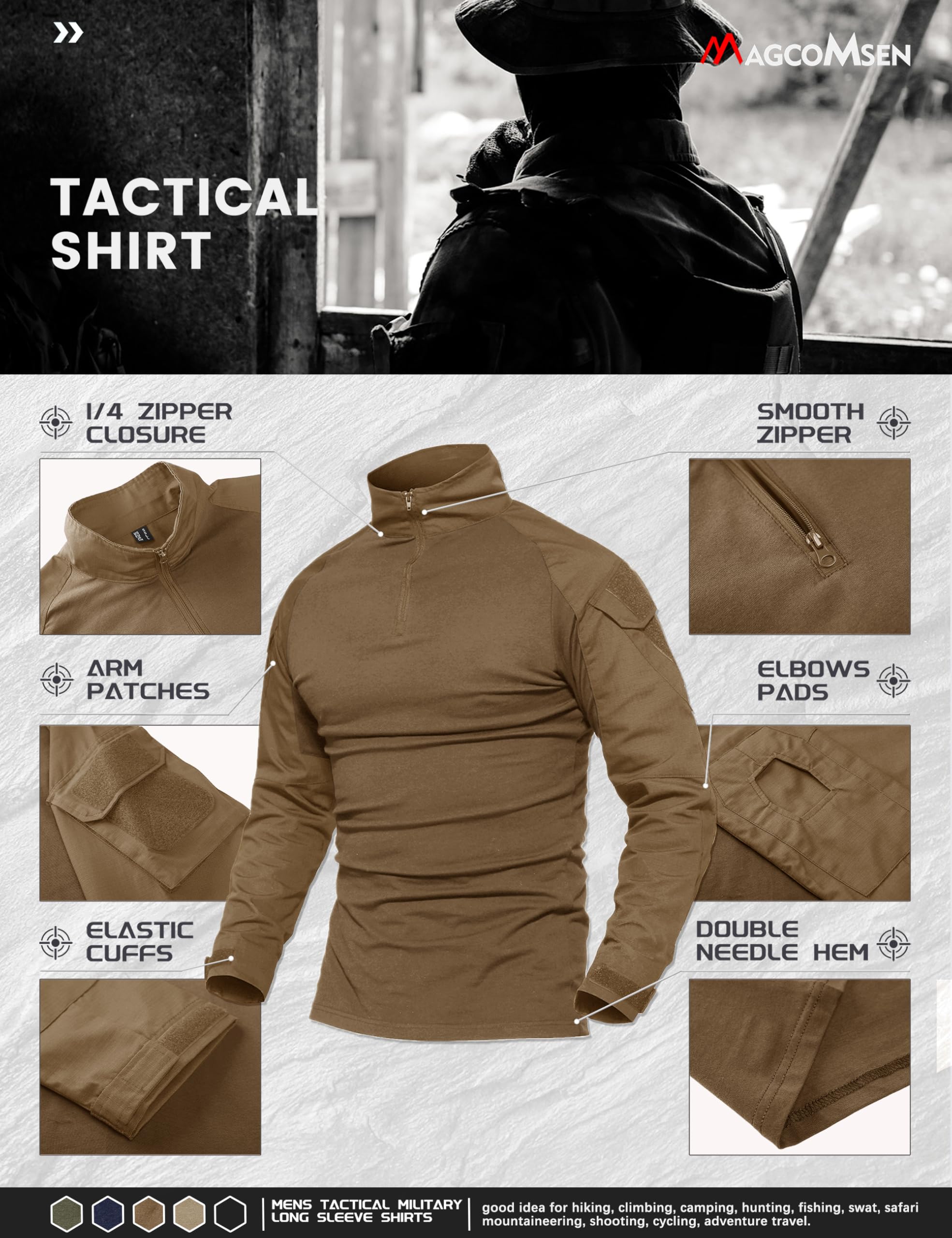 MAGCOMSEN Work Shirts for Men Long Sleeve Shirts Men Tactical Shirts for Men Fishing Shirts Hiking Shirts Mens Hunting Shirts Camping Shirts Brown