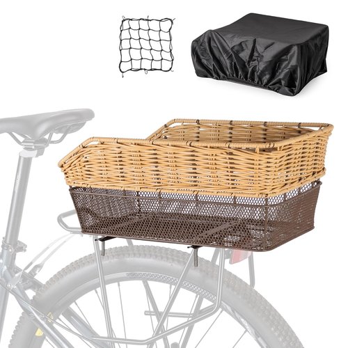 CXWXC Rear Bike Basket - Large Bicycle Rear Basket with Cargo Net and Waterproof Cover, Hand-Woven Baskets Rear Large Capacity (Brown)