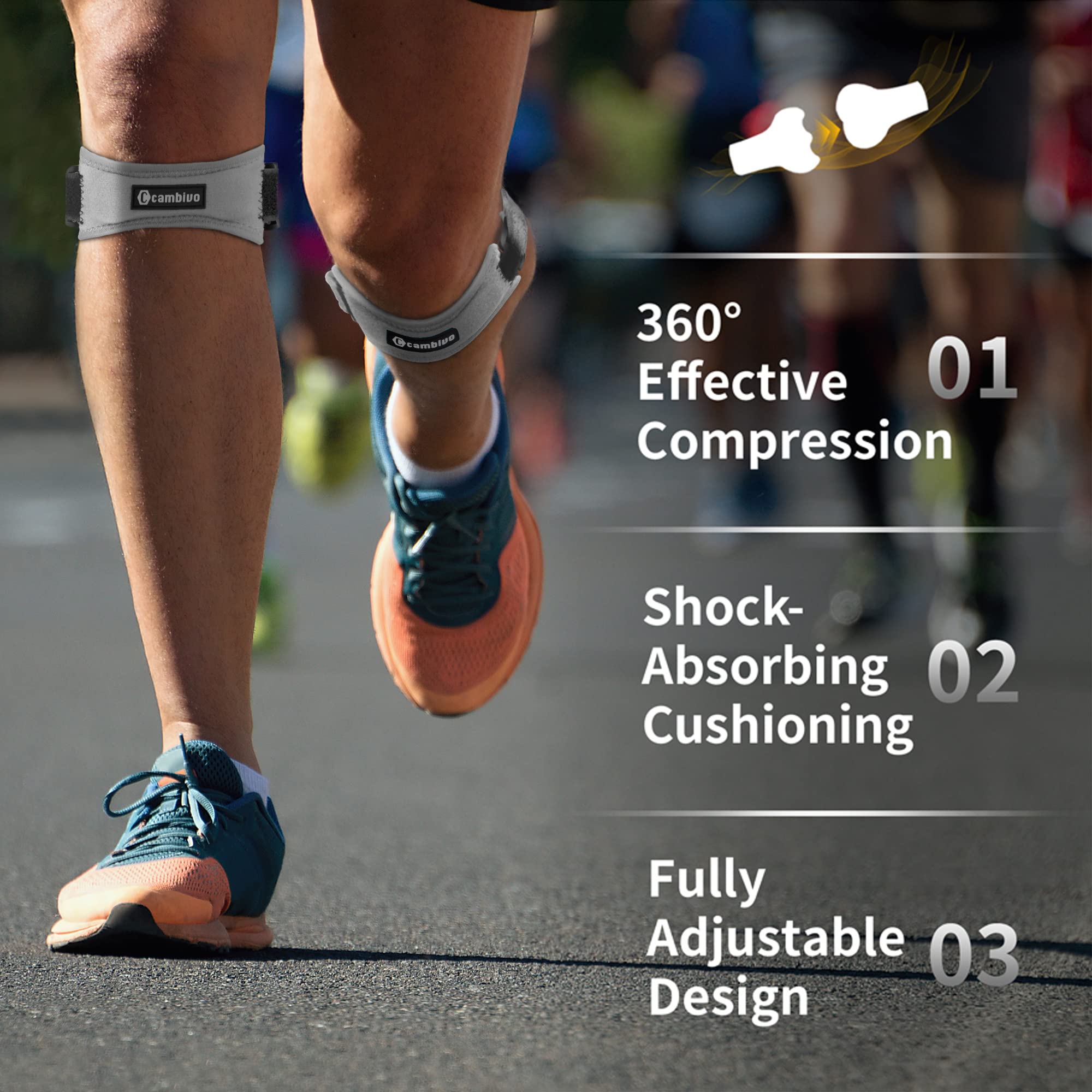 CAMBIVO 2 Pack Knee Braces for Women and Men, Patella Knee Support Strap, Basketball, Running, Hiking, Volleyball, Tennis, Squats (Gray)