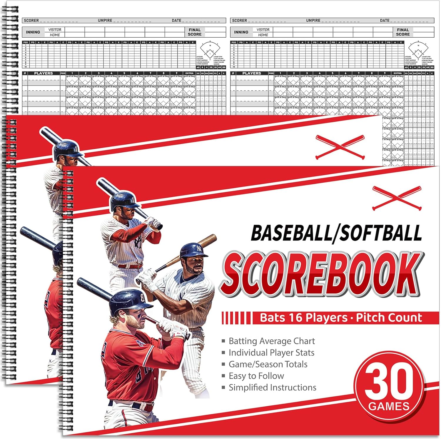 Skiennix Baseball Scorebook - 30 Game Softball Stats Keeper | 11.5x16 Inches, Track Player Averages