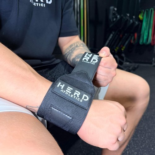 Herd Athletics Weightlifting Wrist Wraps – 12" & 18" Adjustable Support with Thumb Loop – Medium Stiffness for Powerlifting, Olympic Lifting, Functional Fitness, Bodybuilding (Black/White, 12")