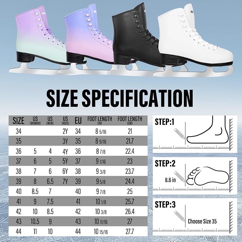 WELLWON Black Ice Skates for Women & Men, Figure Skating Shoes with Velvety Lining, US 10/8.5 – Indoor & Outdoor