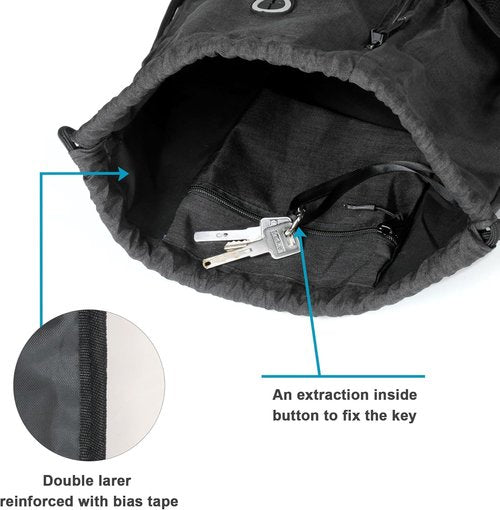 BeeGreen Large Black Drawstring Backpack | Versatile Gym Bag with Water Bottle Pocket & Zippered Front Pocket