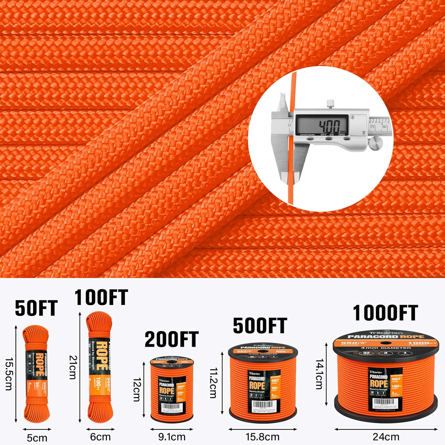 Paracord 550 lb - 500ft Heavy Duty 7-Strand Parachute Cord | Versatile Survival & Camping Gear - Orange