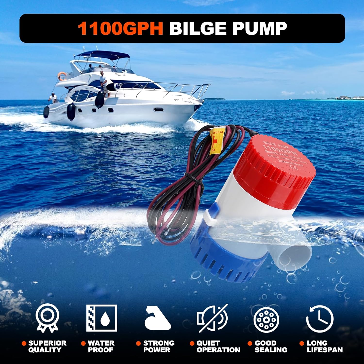 1100 GPH Boat Bilge Pump by [Brand Name] - 12V Plumbing Kit with 6FT Hose & Thru-Hull Fitting for Fishing Yachts