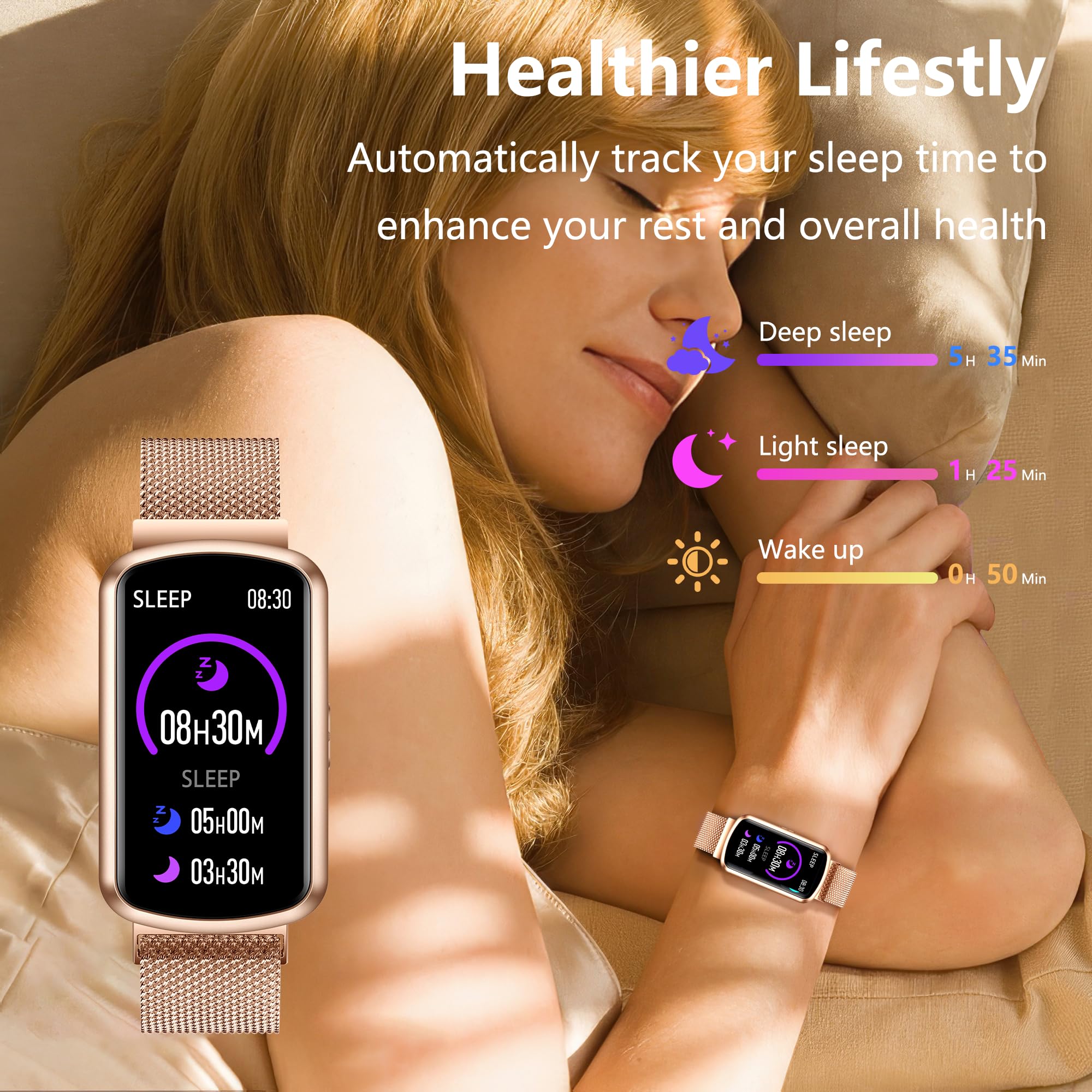 Health Fitness Tracker, Smart Watch with 24/7 Heart Rate, Activity Tracker with Blood Pressure and Blood Oxy-gen Monitor, 120 Sport Mode Waterproof Sleep Tracker for Women Men (Pink Gold)