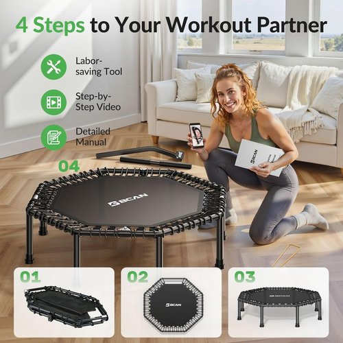 BCAN BT3 51" Octagonal Rebounder Trampoline - 450LBS Max Load, Silent Bungee & T-Adjustable Handle for Home Gym