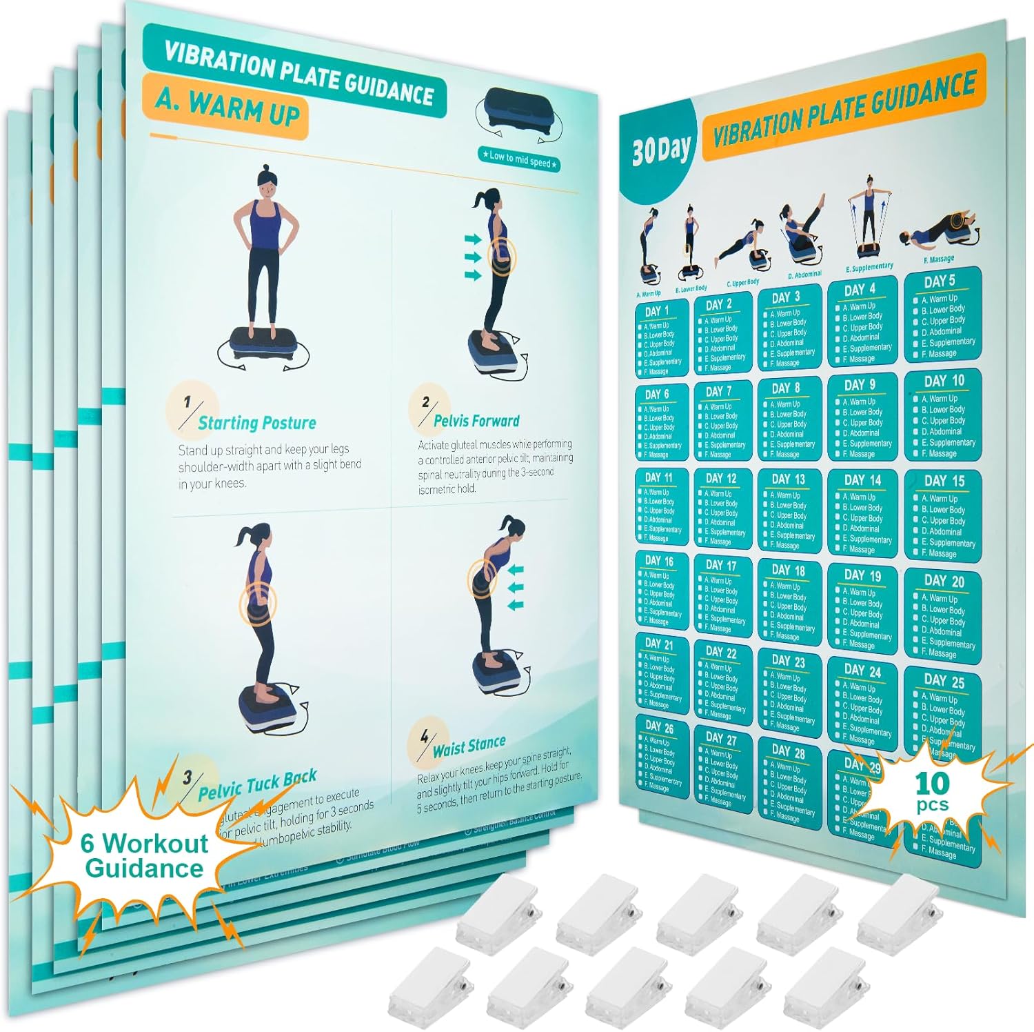 Skiennix Vibration Plate Exercise Machine Poster - Upgraded 6 Workout Guides & 10 Double-Sided Clips