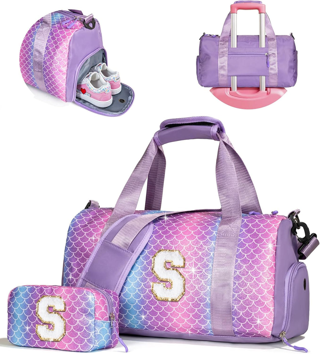 Skiennix Girl Gym Bag - Stylish Weekender Tote with Shoe Compartment & Makeup Pouch | Perfect Gift for Ages 3-12 (Letter S)