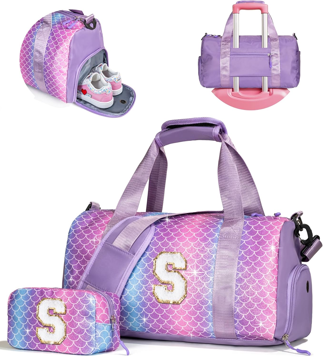 Skiennix Girl Gym Bag - Stylish Weekender Tote with Shoe Compartment & Makeup Pouch | Perfect Gift for Ages 3-12 (Letter S)