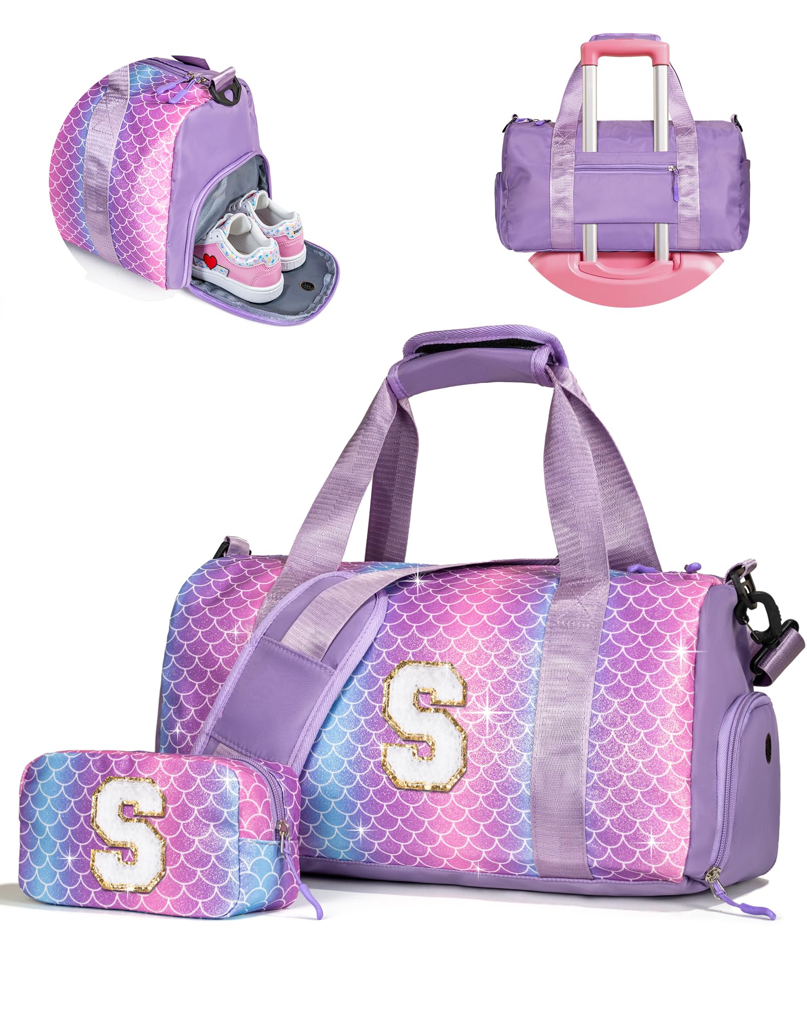 Vogewood Cool Stuff for Teen-Girl Gym Bag with Shoe Compartment, Kid Personalized Weekender Overnight Bags, Initial Travel Tote with Makeup Pouch, Gift for 7 8 9 10 11 12 Year Old Girls (Letter S)