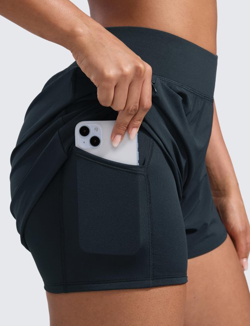 CRZ YOGA 2 in 1 Double Layer Running Shorts for Women 3" - High Waisted for Athletic Tennis Workout with Zip Pockets True Navy Small