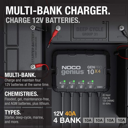NOCO Genius GENPRO10X4 Onboard Battery Charger - 4-Bank, 40A, Waterproof, 12V with Overcharge Protection & Temperature Compensation