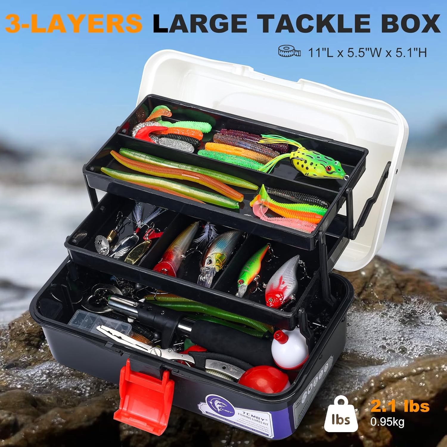 TCMBY Tackle Box - 3 Layers with 321Pcs Fishing Lures Kit, Pliers, Hooks & Accessories - Ideal Gift for Men