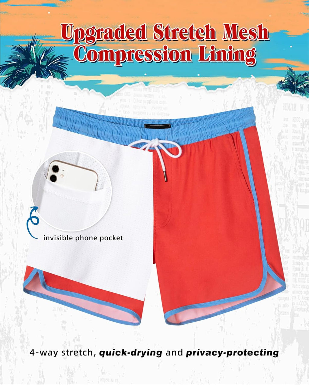 SURF CUZ Mens Swim Trunks with Compression Liner 5" Swimming Trunks 5 Inch Retro Swim Shorts with Zipper Pockets
