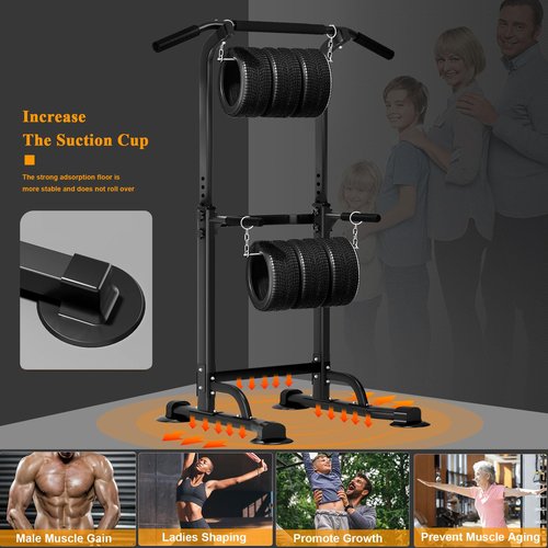 DlandHome Power Tower Pull Up Dip Station Multi-Function Fitness Equipment for Strength Training Adjustable Height Dip Stand for Home Gym, Black