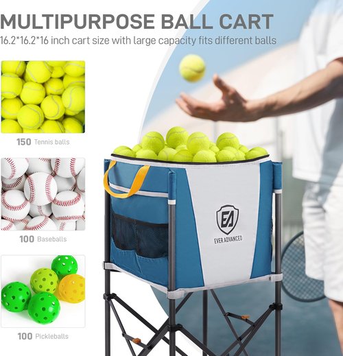 Ever Advanced Tennis Ball Hopper - 150 Capacity Rolling Cart with Side Pockets | Blue Sports Equipment Organizer (16.2 x 16.2 in)