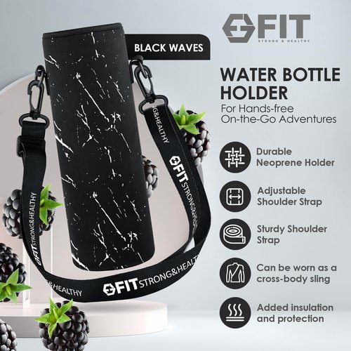 FIT Strong & Healthy Water Bottle Holder with Strap for Walking & Cleaning Brush Set - Insulated Water Bottle Carrier, Neoprene Sleeve with Adjustable Shoulder Strap & Silicone Brush (White Marble)