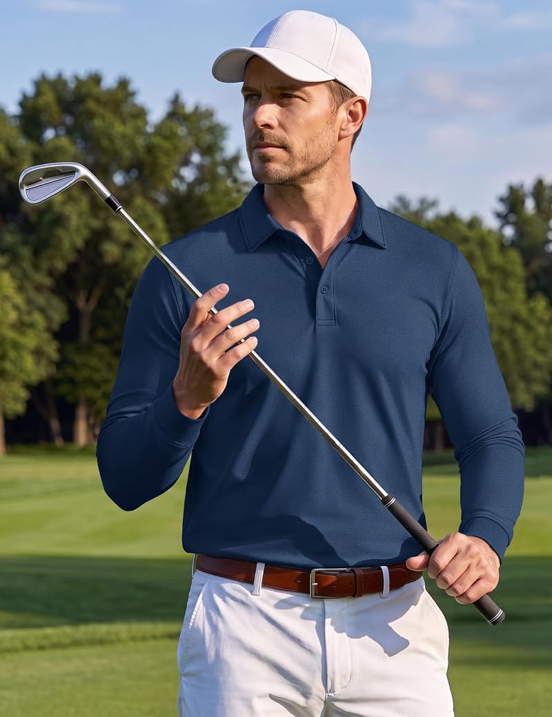 Magcomsen Mens Long Sleeve Polo Shirt - Breathable Athletic Golf Style Navy Large