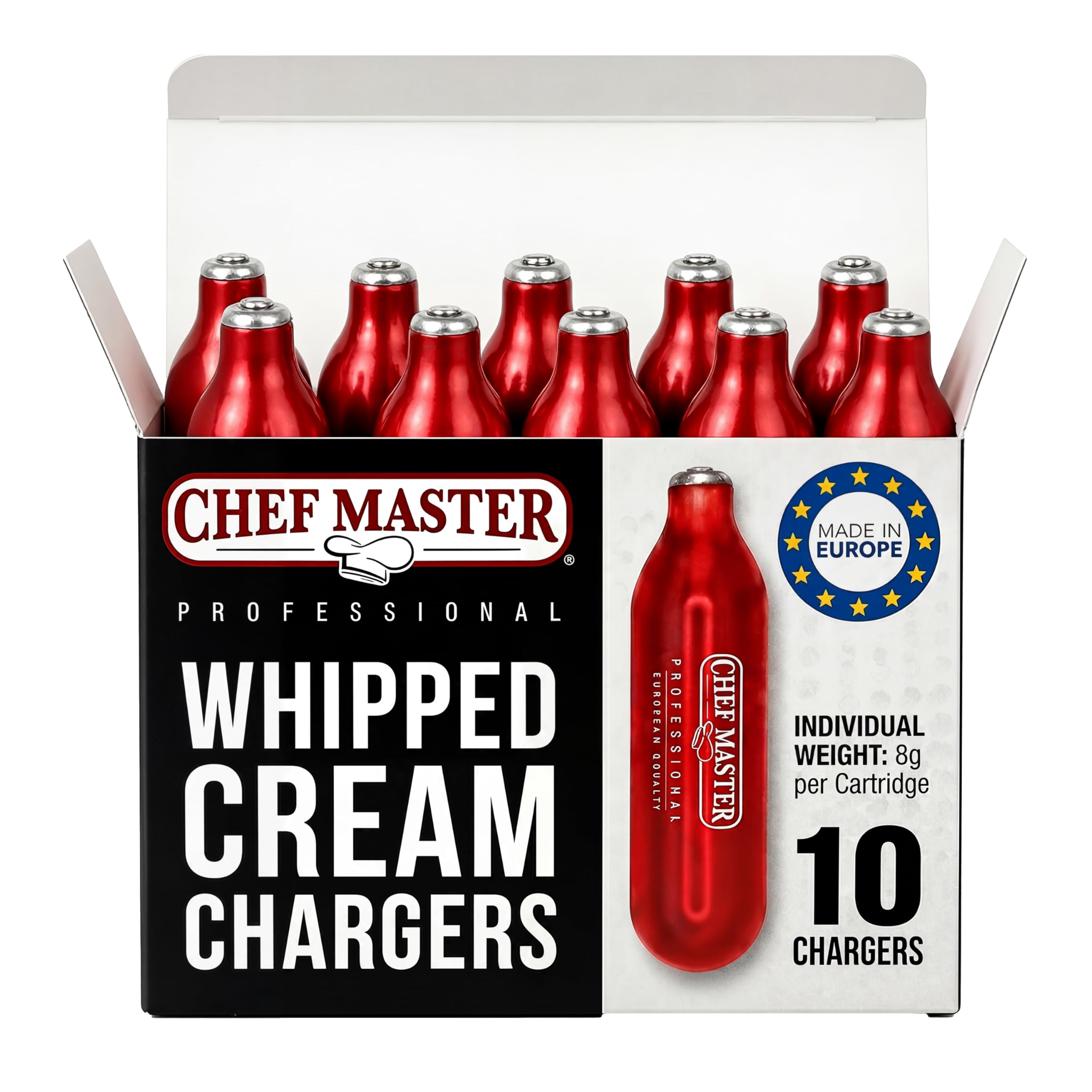 Chef Master 10 Pack N20 Whipped Cream Chargers - 8g Professional Nitrous Oxide Cartridges - Premium Whip Cream Charger Cartridge - Made in EU - Food-Safe Steel & Universal Fit for Dispensers - 90060